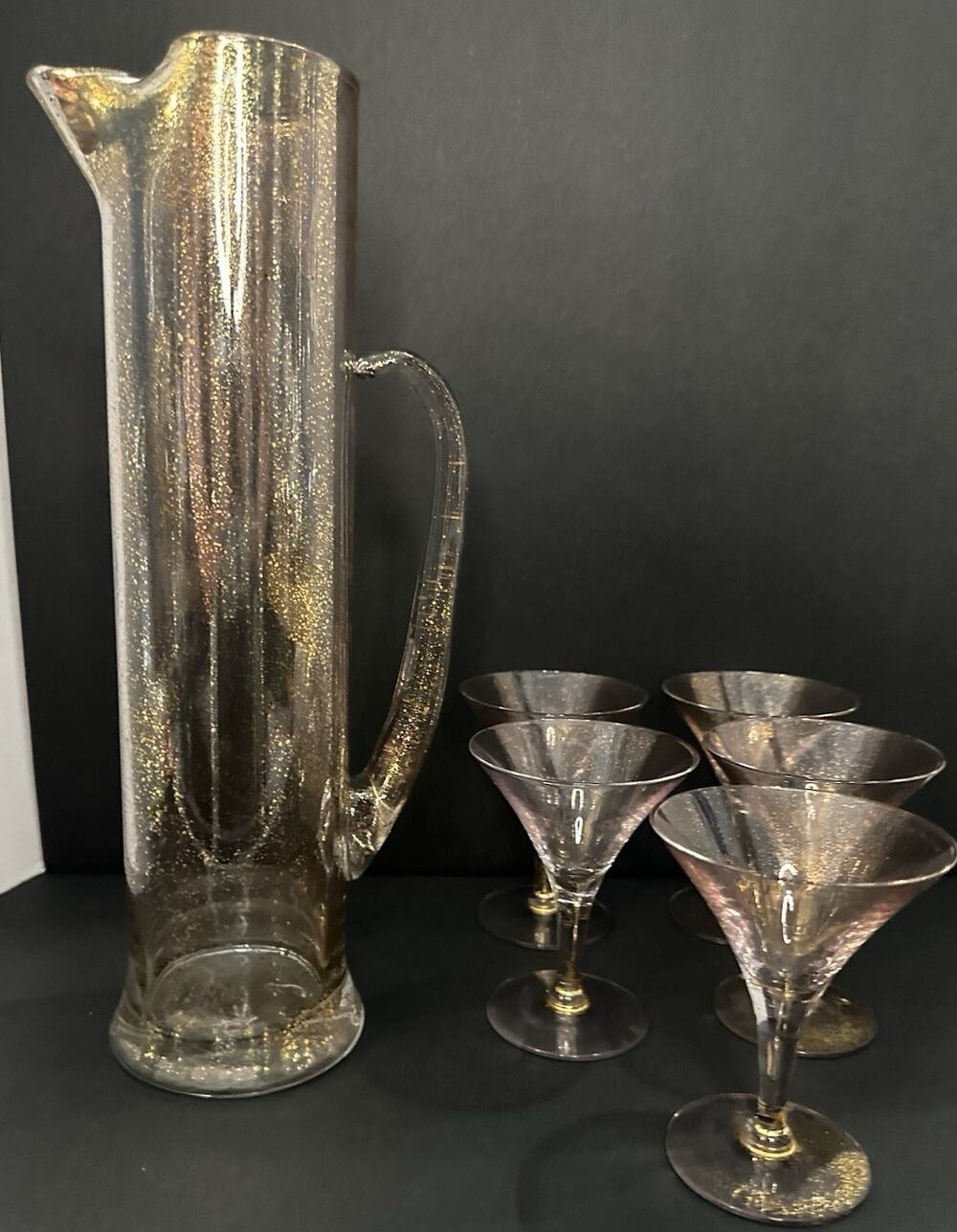 Dorothy Thorpe 22k Gold Fleck Martini & Pitcher Set UV Reactive Barware